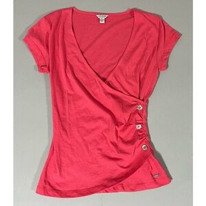 Guess Pink Magenta V-Neck Button Wrap Short Sleeve Shirt Top Blouse Size S 🌺✨